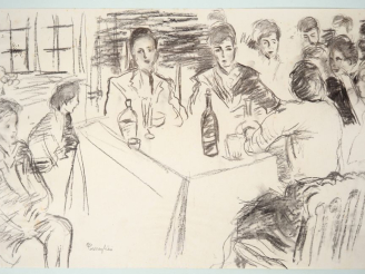 Vente aux enchères Mario CAVAGLIERI.  "Les convives" Dessin au fusain, signé en bas à gau