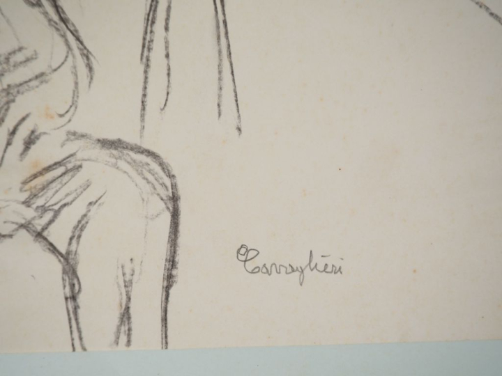 Mario CAVAGLIERI.  "Les convives" Dessin au fusain, signé en bas à gau