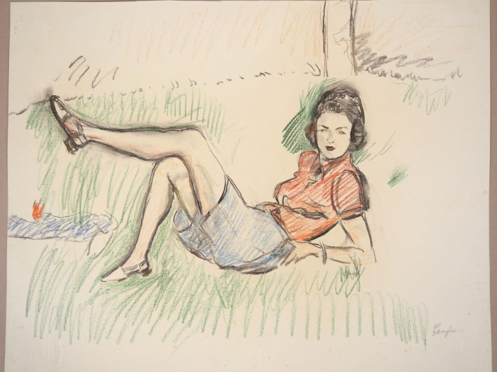 Mario CAVAGLIERI.  "Jeune fille allongée dans un jardin" Dessin, signé