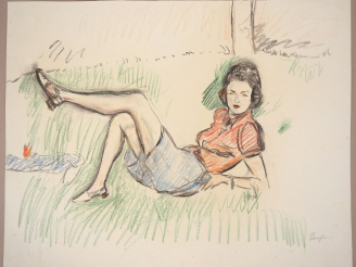 Vente aux enchères Mario CAVAGLIERI.  "Jeune fille allongée dans un jardin" Dessin, signé