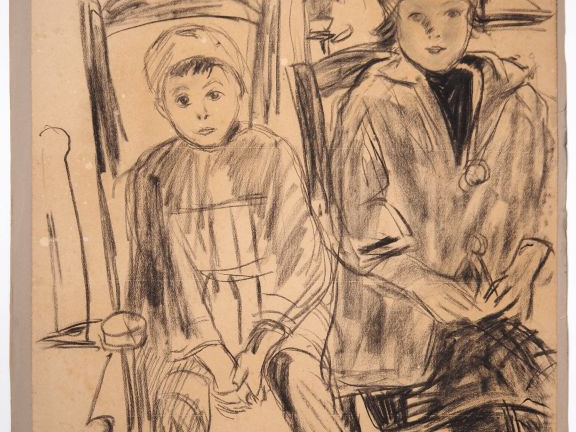 Mario CAVAGLIERI. "Les deux enfants" Dessin au fusain, signé en bas à 