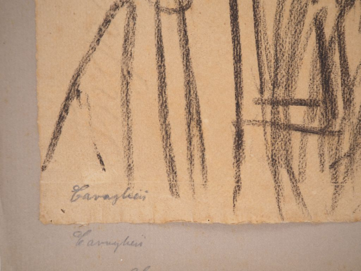 Mario CAVAGLIERI. "Les deux enfants" Dessin au fusain, signé en bas à 