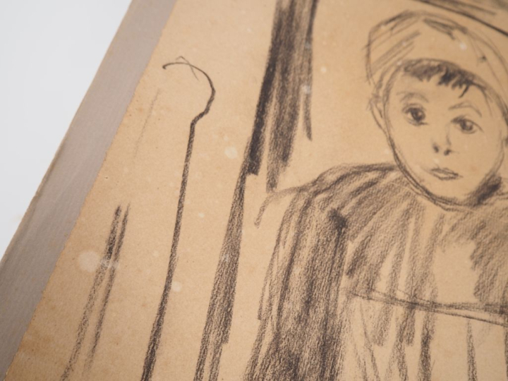 Mario CAVAGLIERI. "Les deux enfants" Dessin au fusain, signé en bas à 