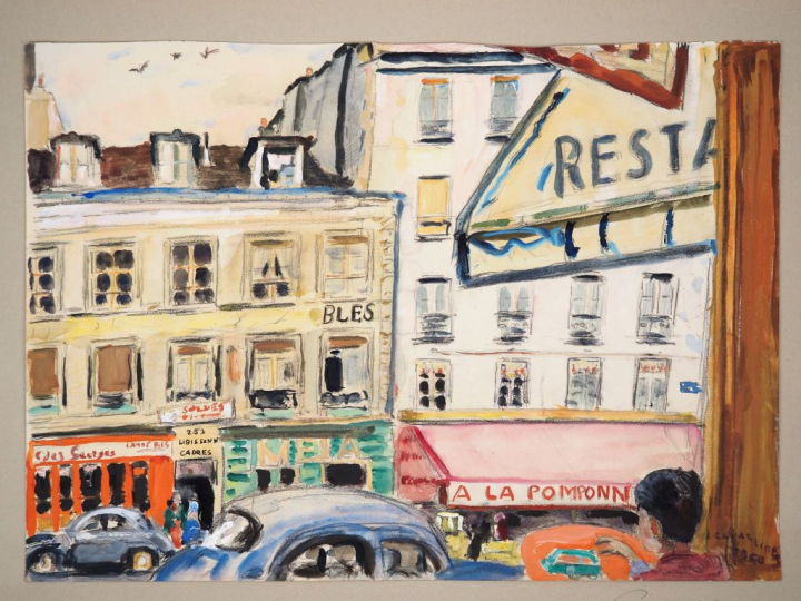 Mario CAVAGLIERI.  "Paris, rue animée"  Aquarelle, signée en bas à dro