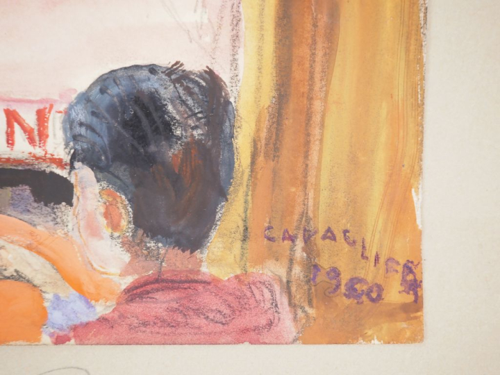 Mario CAVAGLIERI.  "Paris, rue animée"  Aquarelle, signée en bas à dro