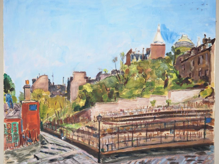 Mario CAVAGLIERI.  "Paris, la butte Montmartre" Aquarelle, signée en b