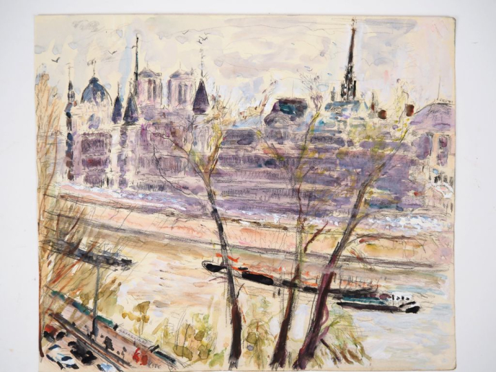 Mario CAVAGLIERI.  "Paris, la Seine et Notre Dame" Aquarelle, signée e