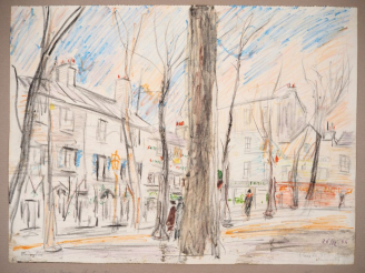 Vente aux enchères Mario CAVAGLIERI.  "Paris, la place du Tertre" Dessin aux crayons de c