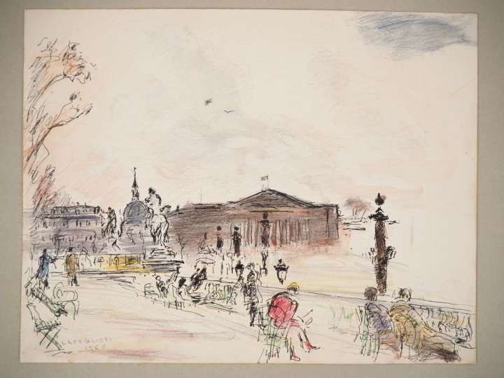 Mario CAVAGLIERI.  "Paris, le bas des Champs-Elysées avec vue sur le P