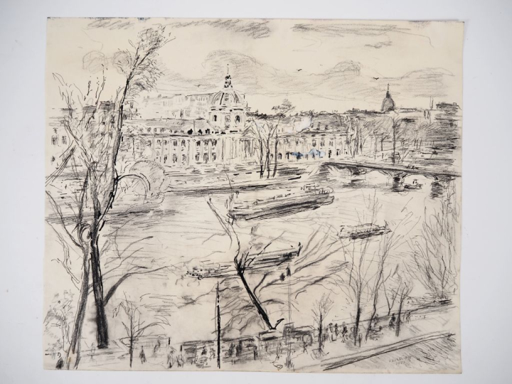 Mario CAVAGLIERI.  "Paris, l'Institut" Dessin, encre et fusain, signé 