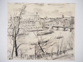 Vente aux enchères Mario CAVAGLIERI.  "Paris, l'Institut" Dessin, encre et fusain, signé 