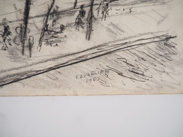 Mario CAVAGLIERI.  "Paris, l'Institut" Dessin, encre et fusain, signé 