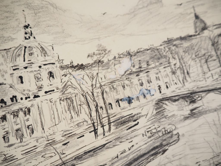 Mario CAVAGLIERI.  "Paris, l'Institut" Dessin, encre et fusain, signé 