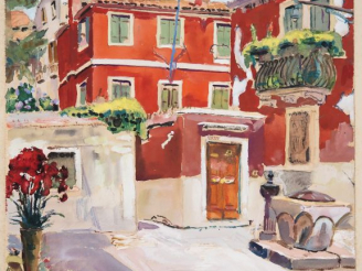 Vente aux enchères Mario CAVAGLIERI.  "Venise, maison rouge dans un camp"  Aquarelle goua