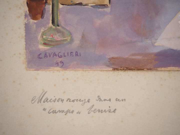 Mario CAVAGLIERI.  "Venise, maison rouge dans un camp"  Aquarelle goua