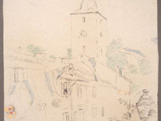 Vente aux enchères Mario CAVAGLIERI.  "La fête au village" Dessin au crayon noir et de co