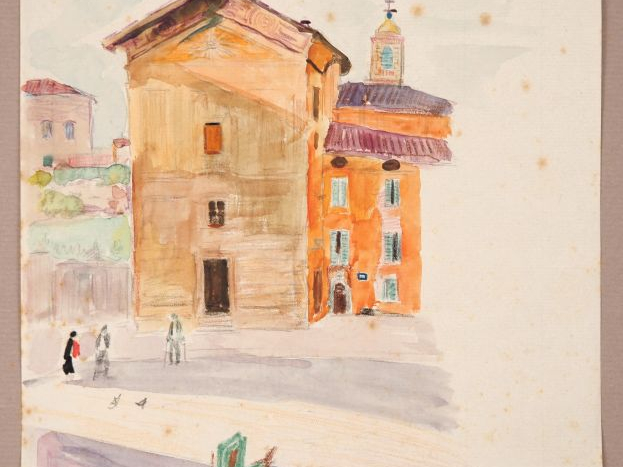Mario CAVAGLIERI.  "Eglise à Bologne" Aquarelle, signée en bas à droit