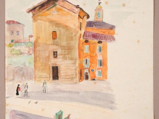 Vente aux enchères Mario CAVAGLIERI.  "Eglise à Bologne" Aquarelle, signée en bas à droit