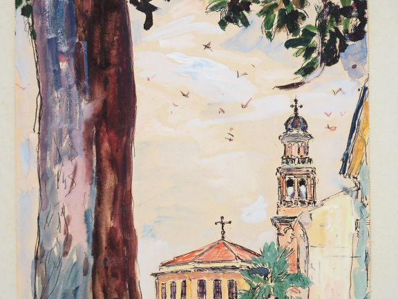 Mario CAVAGLIERI.  "Rovigo, l'église de la Rotonda"  Aquarelle, signée