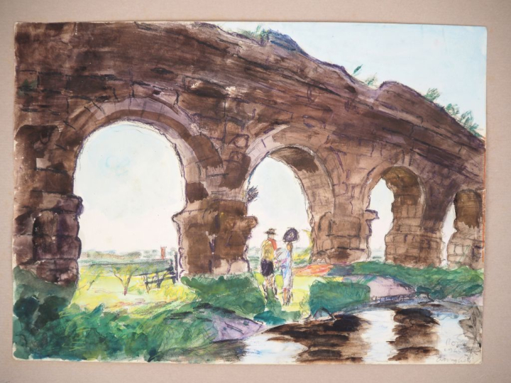 Mario CAVAGLIERI.  "Rome, personnages sous l'aqueduc antique" Aquarell