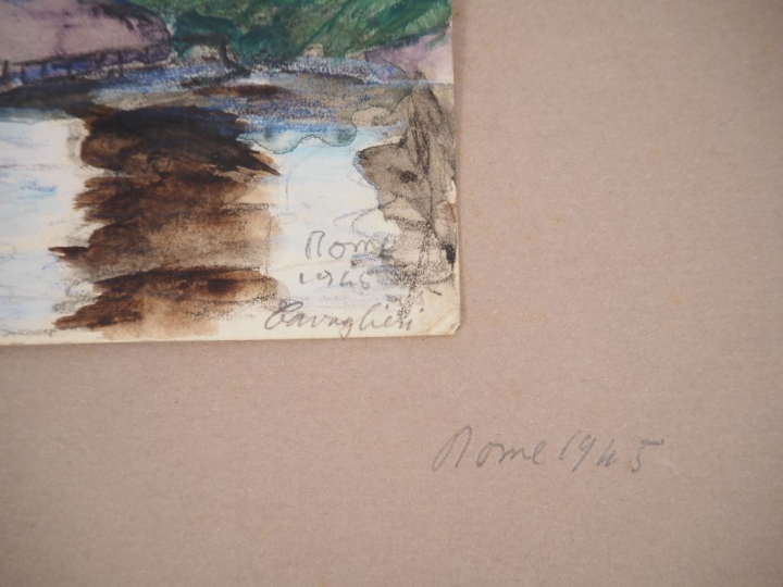 Mario CAVAGLIERI.  "Rome, personnages sous l'aqueduc antique" Aquarell