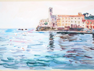 Vente aux enchères Mario CAVAGLIERI.  "Eglise en bord de mer, près de Gènes" Aquarelle go
