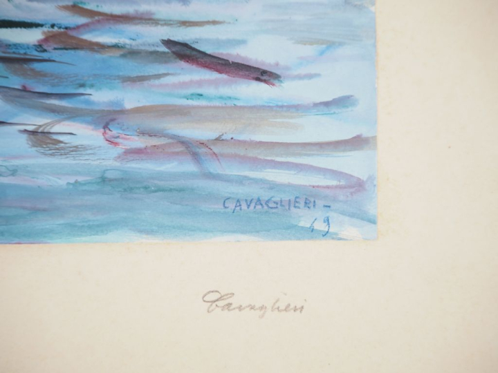 Mario CAVAGLIERI.  "Eglise en bord de mer, près de Gènes" Aquarelle go