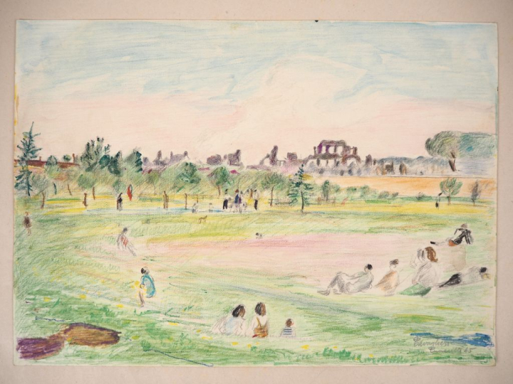 Mario CAVAGLIERI.  "Rome, personnages près de ruines antiques" Dessin 