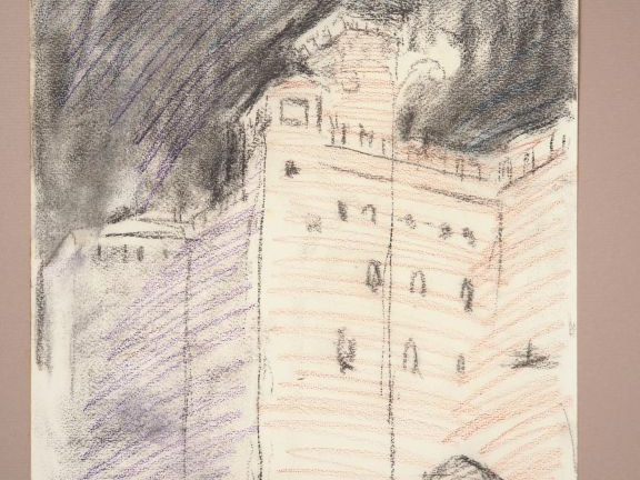 Mario CAVAGLIERI.  "Bologne" Dessin au fusain, signé en bas à gauche D