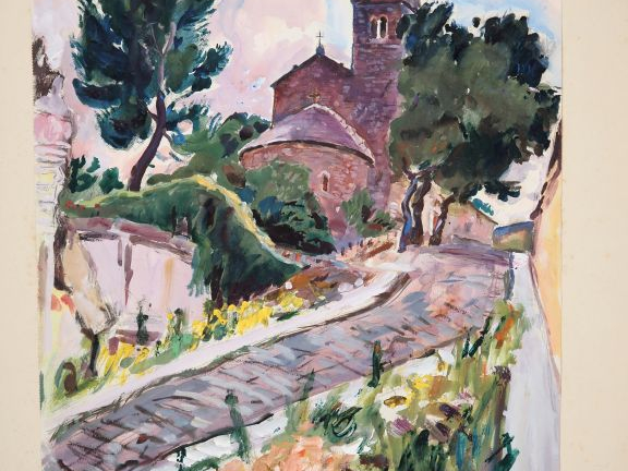 Mario CAVAGLIERI.  "Vieille église près de Gênes"  Gouache, signée en 