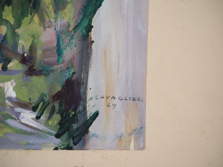 Mario CAVAGLIERI.  "Vieille église près de Gênes"  Gouache, signée en 