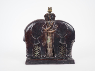 Vente aux enchères Henri Paul REY.  Pied de lampe en grès brun vert et bleu figurant deux