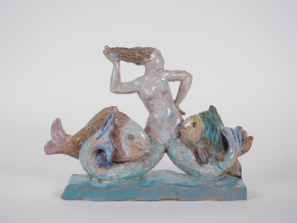 Vente aux enchères Henri Paul REY.  "Sirène et deux poissons" Groupe en terre cuite verni