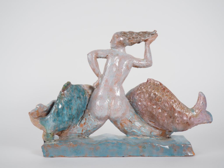 Henri Paul REY.  "Sirène et deux poissons" Groupe en terre cuite verni