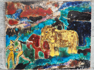 Vente aux enchères Henri Paul REY.  "troupeau d'éléphants et personnages" Plaque en céram