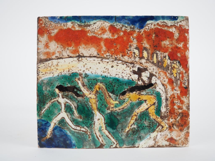 Henri Paul REY. "Les trois grâces" Plaque en terre cuite émaillée poly