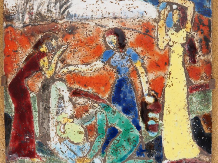 Henri Paul REY.  "Femmes à la fontaine" Plaque en terre cuite émaillée