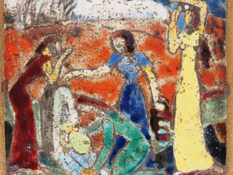 Vente aux enchères Henri Paul REY.  "Femmes à la fontaine" Plaque en terre cuite émaillée