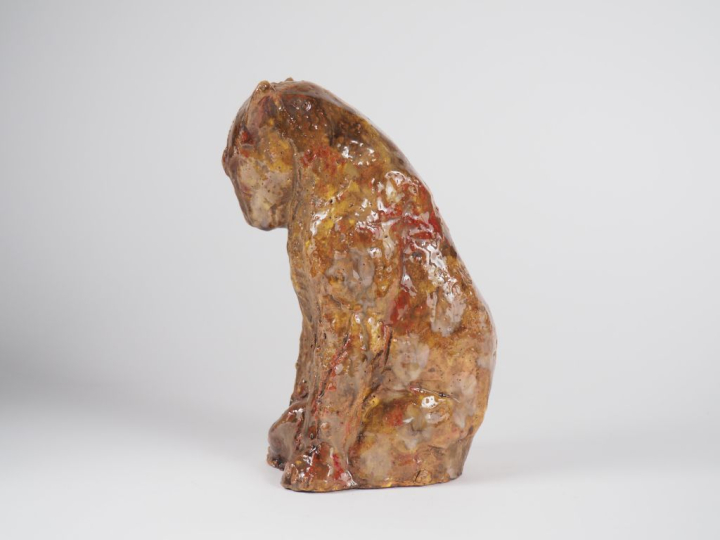 Henri Paul REY.  "félin assis" Sculpture en terre cuite vernissée  Sig