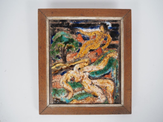 Vente aux enchères Henri Paul REY. "Femme nue dans un paysage",  Plaque en terre cuite ém