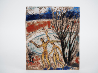 Vente aux enchères Henri Paul REY. "Adam et Eve" Plaque en terre cuite émaillée polychrom