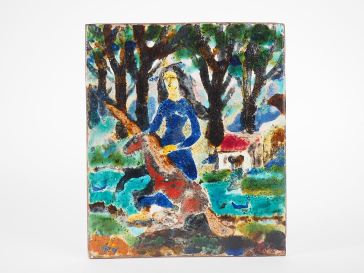 Henri Paul REY.  "dame à la licorne" Plaque en céramique polychrome Si