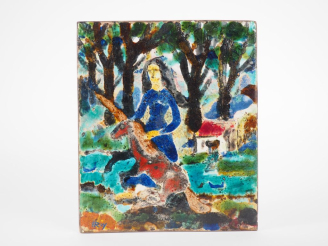 Vente aux enchères Henri Paul REY.  "dame à la licorne" Plaque en céramique polychrome Si