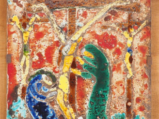 Vente aux enchères Henri Paul REY.  "crucifixion" Plaque en céramique émaillée Signée Dim