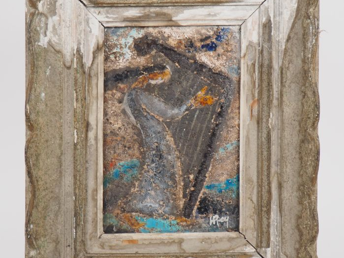 Henri Paul REY.  "la harpiste" Plaque en céramique émaillée polychrome