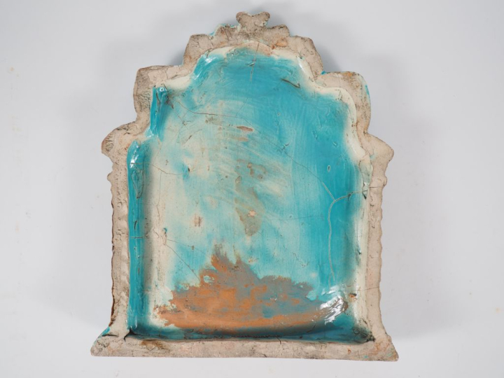 Henri Paul REY.  Bénitier plaque en céramique turquoise et brune.  Non