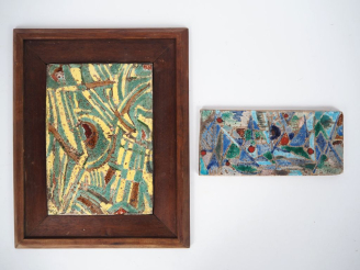 Vente aux enchères Henri Paul REY.  "Abstraction" Deux plaques en terre cuite émaillée po