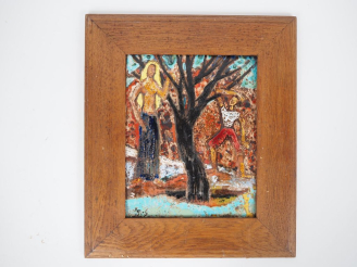 Vente aux enchères Henri Paul REY. "Personnages près d'un arbre" Plaque en terre cuite ém