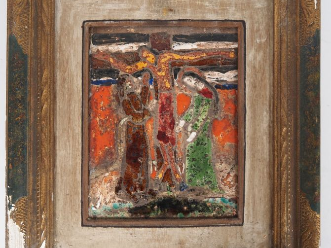 Henri Paul REY. "Crucifixion" Plaque en terre cuite émaillée polychrom