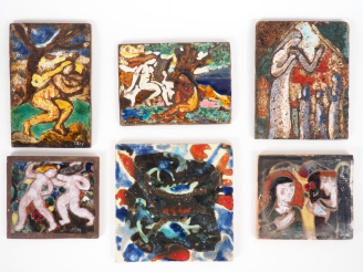 Vente aux enchères Henri Paul REY.  6 différents carreaux en céramique émaillée polychrom